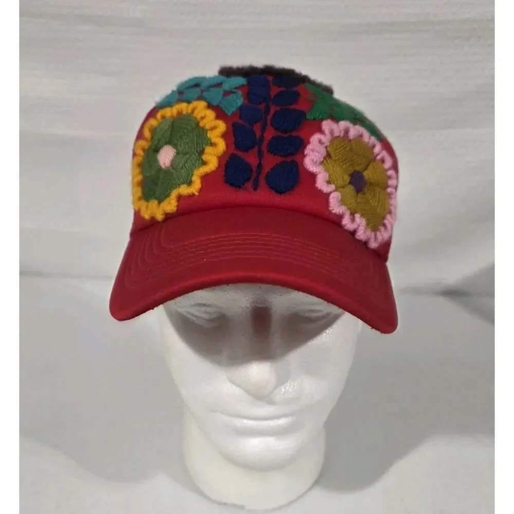 Mexican Hand Embroidered Floral Trucker Hat Chiapas Oaxaca Folk Art Adjustable